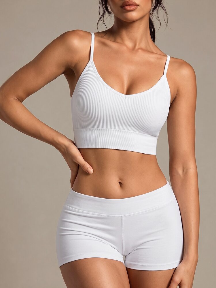 SHEIN Sports Solid Ribbed Knit Sports Bra - White - View 2