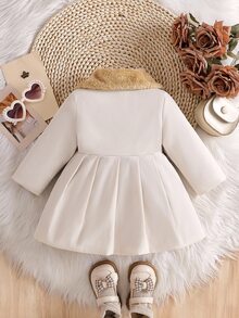 SHEIN Baby Girl Furry Collar & Cuff Double Bow A-Line Coat, Button Front Long Sleeve Warm Autumn Winter Outerwear - Multicolor - View 2