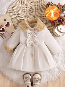 SHEIN Baby Girl Furry Collar & Cuff Double Bow A-Line Coat, Button Front Long Sleeve Warm Autumn Winter Outerwear - Multicolor - View 4