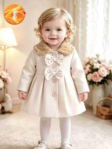 SHEIN Baby Girl Furry Collar & Cuff Double Bow A-Line Coat, Button Front Long Sleeve Warm Autumn Winter Outerwear - Multicolor - View 3