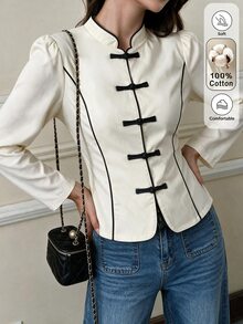 Flora Isola Flora Isola Casual Vacation Chinese Style Frog Button Apricot Jacket - Apricot - View 6
