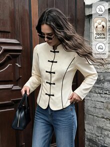 Flora Isola Flora Isola Casual Vacation Chinese Style Frog Button Apricot Jacket - Apricot - View 5