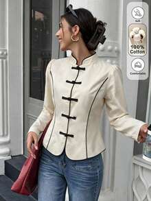 Flora Isola Flora Isola Casual Vacation Chinese Style Frog Button Apricot Jacket - Apricot - View 3