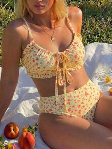 Swim Mod 2026 New Women's Spring/Summer Spaghetti Strap Tie-Front Beach Vacation Plus Size Swimsuit Set Yellow - Multicolor - View 4