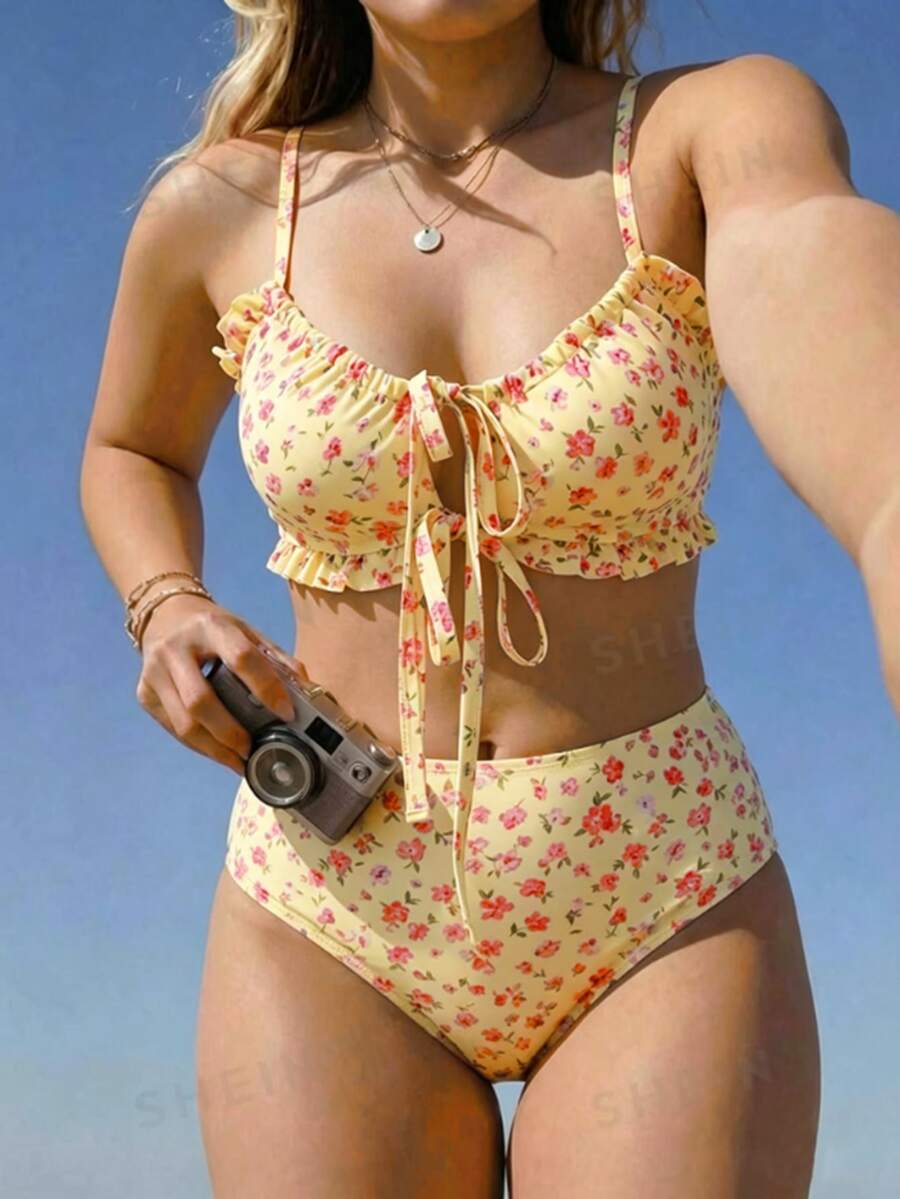Swim Mod 2026 New Women's Spring/Summer Spaghetti Strap Tie-Front Beach Vacation Plus Size Swimsuit Set Yellow - Multicolor - View 1