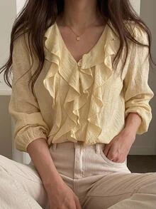 DAZY Women's Solid Color Patchwork Ruffle Long Sleeve Fashion Blouse - Yellow - View 2