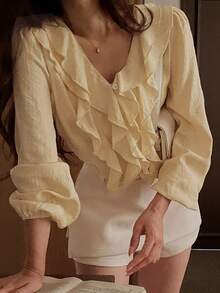 DAZY Women's Solid Color Patchwork Ruffle Long Sleeve Fashion Blouse - Yellow - View 5