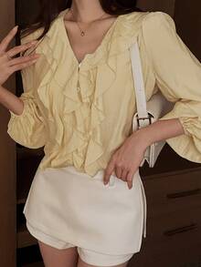 DAZY Women's Solid Color Patchwork Ruffle Long Sleeve Fashion Blouse - Yellow - View 6