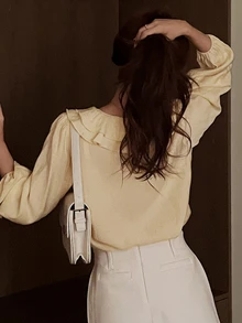 DAZY Women's Solid Color Patchwork Ruffle Long Sleeve Fashion Blouse - Yellow - View 8