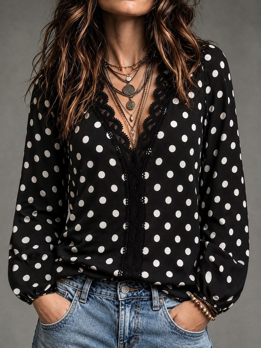 LUMIGAL Women's V-Neck Lace Patchwork Polka Dot Long Sleeve Blouse - Black - View 1