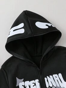 SHEIN Coolqubz Tween Boy Casual Letter Print Hooded Zip Up Fleece Sweatshirt, Autumn/Winter - Black - View 6