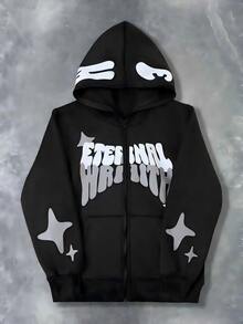 SHEIN Coolqubz Tween Boy Casual Letter Print Hooded Zip Up Fleece Sweatshirt, Autumn/Winter - Black - View 1