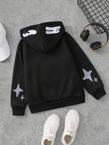 SHEIN Coolqubz Tween Boy Casual Letter Print Hooded Zip Up Fleece Sweatshirt, Autumn/Winter - Black - View 2