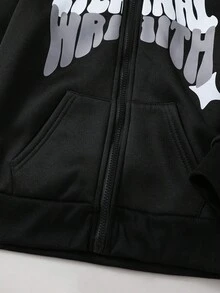 SHEIN Coolqubz Tween Boy Casual Letter Print Hooded Zip Up Fleece Sweatshirt, Autumn/Winter - Black - View 7