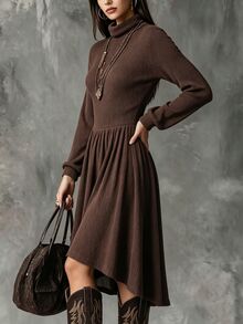 Linhara CURVE 大尺碼秋冬休閒 80 年代純色高領洋裝 正式生日棕色 - 棕色 - 查看 4