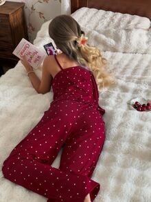 CottageSlumber Conjunto de ropa de dormir sexy de mujer con estampado de corazón de encaje de contraste acanalado de punto, camiseta y pantalones largos, adecuado para todas las estaciones - Burdeos - Ver 2