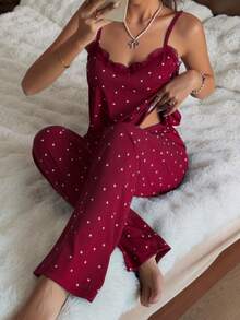 CottageSlumber Conjunto de ropa de dormir sexy de mujer con estampado de corazón de encaje de contraste acanalado de punto, camiseta y pantalones largos, adecuado para todas las estaciones - Burdeos - Ver 5