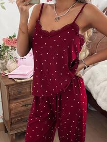 CottageSlumber Conjunto de ropa de dormir sexy de mujer con estampado de corazón de encaje de contraste acanalado de punto, camiseta y pantalones largos, adecuado para todas las estaciones - Burdeos - Ver 4