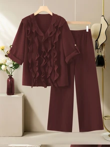 Lacomfia Plus Size Women's V-Neck Long Sleeve Blouse With Wooden Button Adjustable Front Ruffle Decor Loose Comfortable Casual Vacation Long Pants Slimming 2 Pieces Set - Burgundy - View 7