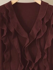 Lacomfia Plus Size Women's V-Neck Long Sleeve Blouse With Wooden Button Adjustable Front Ruffle Decor Loose Comfortable Casual Vacation Long Pants Slimming 2 Pieces Set - Burgundy - View 5