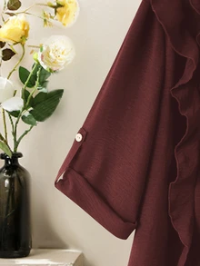 Lacomfia Plus Size Women's V-Neck Long Sleeve Blouse With Wooden Button Adjustable Front Ruffle Decor Loose Comfortable Casual Vacation Long Pants Slimming 2 Pieces Set - Burgundy - View 4