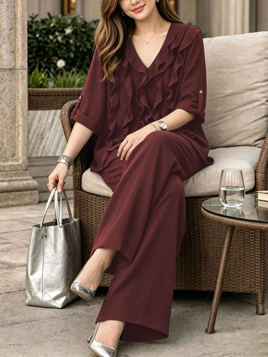 Lacomfia Plus Size Women's V-Neck Long Sleeve Blouse With Wooden Button Adjustable Front Ruffle Decor Loose Comfortable Casual Vacation Long Pants Slimming 2 Pieces Set - Burgundy - View 1