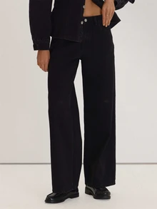 MUSEYN Black Denim Mid Rise Wide Leg Back Buckle Detail Jeans Versatile Everyday Casual Fall - Black - View 2