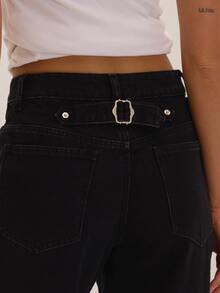 MUSEYN Black Denim Mid Rise Wide Leg Back Buckle Detail Jeans Versatile Everyday Casual Fall - Black - View 7