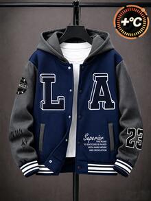 SHEIN 男童秋季保暖內裡長袖連帽夾克，黑灰拼接連帽抓絨棒球夾克，LA字母印花搭配多款美國標語印花，寬鬆落肩版型幼童校園與旅行復古風兒童外套，校園夾克，戶外夾克 - 藍色 - 查看 1