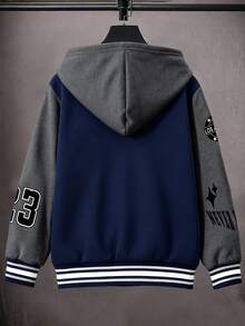SHEIN 男童秋季保暖內裡長袖連帽夾克，黑灰拼接連帽抓絨棒球夾克，LA字母印花搭配多款美國標語印花，寬鬆落肩版型幼童校園與旅行復古風兒童外套，校園夾克，戶外夾克 - 藍色 - 查看 2