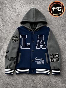 SHEIN 男童秋季保暖內裡長袖連帽夾克，黑灰拼接連帽抓絨棒球夾克，LA字母印花搭配多款美國標語印花，寬鬆落肩版型幼童校園與旅行復古風兒童外套，校園夾克，戶外夾克 - 藍色 - 查看 4