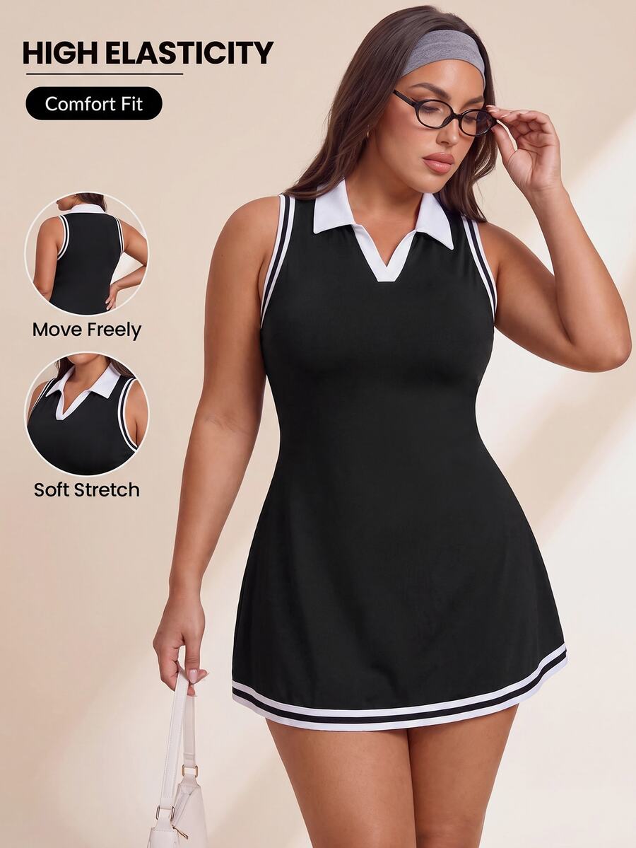 Rhythm Era Plus Size Women Striped Sleeveless Sports Dress With Shorts