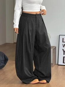 Coolane 女款大尺碼秋冬街頭風正式優雅外出休閒黑色梭織格紋香蕉褲 - 棕色 - 查看 5