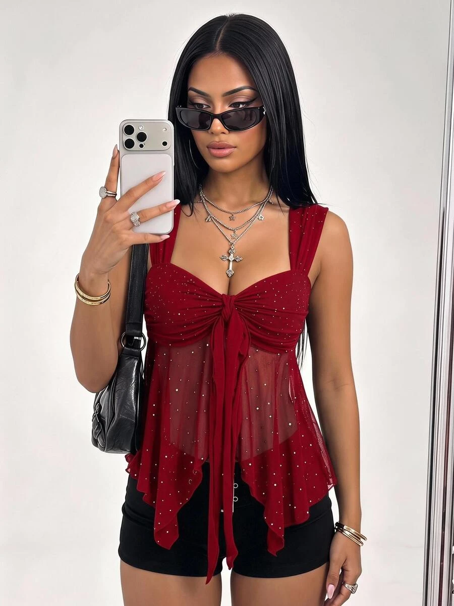SHEIN ICON Shiny Fabric Asymmetrical Mesh Hem Women Tank Top,Red Top,Christmas,Red Tops For Women - Burgundy - View 1
