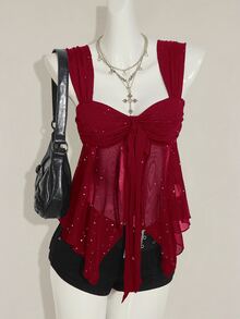 SHEIN ICON Shiny Fabric Asymmetrical Mesh Hem Women Tank Top,Red Top,Christmas,Red Tops For Women - Burgundy - View 4