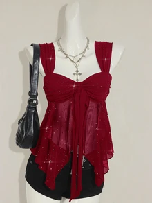 SHEIN ICON Shiny Fabric Asymmetrical Mesh Hem Women Tank Top,Red Top,Christmas,Red Tops For Women - Burgundy - View 5