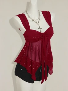 SHEIN ICON Shiny Fabric Asymmetrical Mesh Hem Women Tank Top,Red Top,Christmas,Red Tops For Women - Burgundy - View 6