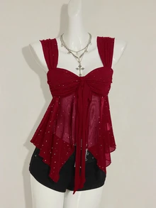 SHEIN ICON Shiny Fabric Asymmetrical Mesh Hem Women Tank Top,Red Top,Christmas,Red Tops For Women - Burgundy - View 9