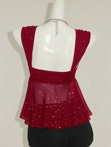 SHEIN ICON Shiny Fabric Asymmetrical Mesh Hem Women Tank Top,Red Top,Christmas,Red Tops For Women - Burgundy - View 3