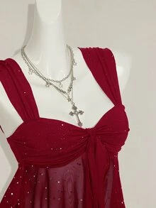 SHEIN ICON Shiny Fabric Asymmetrical Mesh Hem Women Tank Top,Red Top,Christmas,Red Tops For Women - Burgundy - View 7