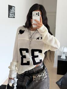 StreetHx Women's Streetwear Autumn/Winter Solid Color Y2K Hollow-Out American Retro Mesh Street Style Contrast Color Oversize Knit Sweater Top - Apricot - View 4