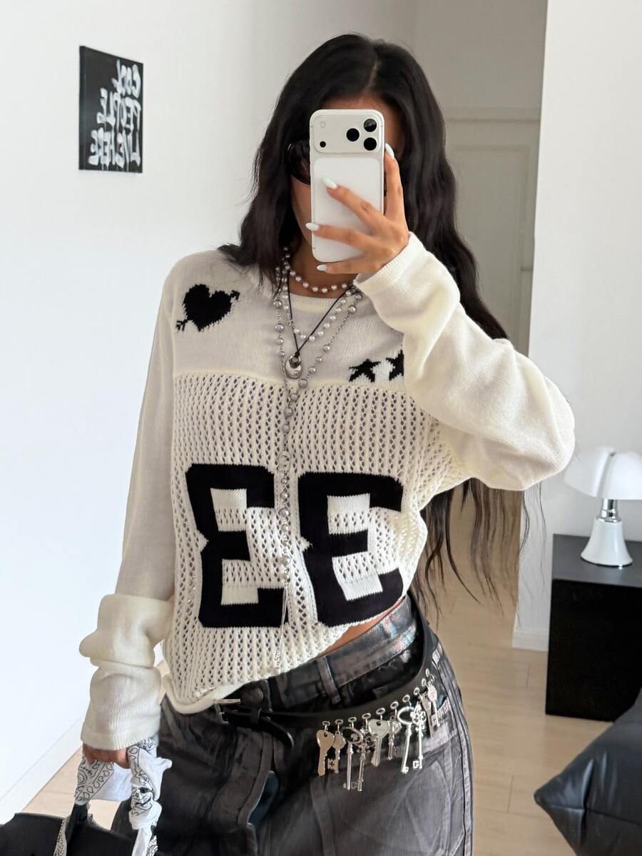 StreetHx Women's Streetwear Autumn/Winter Solid Color Y2K Hollow-Out American Retro Mesh Street Style Contrast Color Oversize Knit Sweater Top