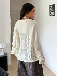 StreetHx Women's Streetwear Autumn/Winter Solid Color Y2K Hollow-Out American Retro Mesh Street Style Contrast Color Oversize Knit Sweater Top - Apricot - View 3