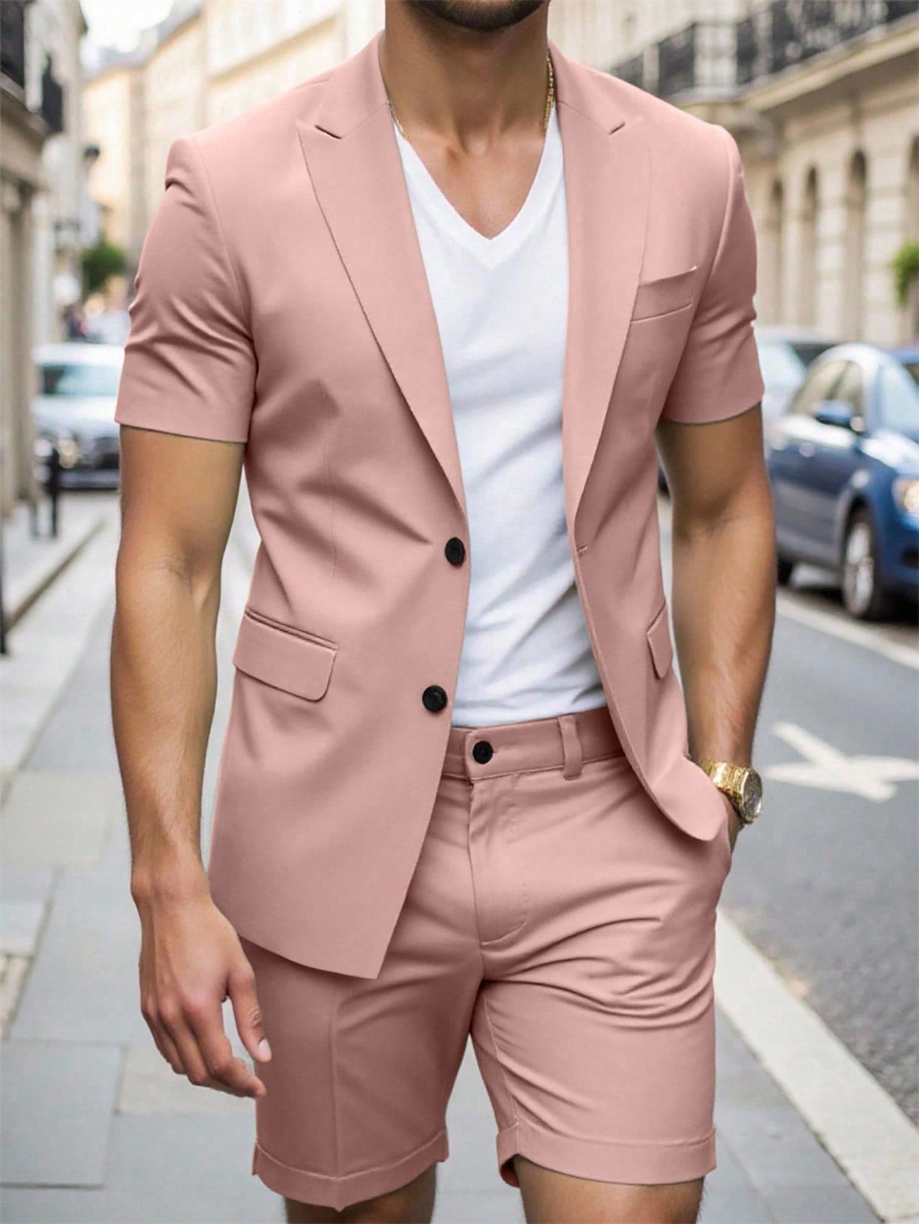 Calvornis Men's Summer Short-Sleeved Formal Blazer & Suit Shorts, Suitable For Daily Business Parties, Ceremony - Pink - View 1