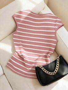 Franclia French Minimalist Fitted Striped Knit Short Sleeve T-Shirt, Unique Design, Versatile, Spring/Summer New Arrival - Pink - View 2