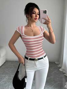 Franclia French Minimalist Fitted Striped Knit Short Sleeve T-Shirt, Unique Design, Versatile, Spring/Summer New Arrival - Pink - View 5