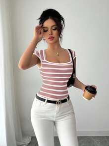 Franclia French Minimalist Fitted Striped Knit Short Sleeve T-Shirt, Unique Design, Versatile, Spring/Summer New Arrival - Pink - View 7