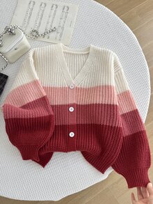 SHEIN Girls' Rainbow Color Cardigan Sweater, Autumn/Winter Children's Knit Top, Fashionable Cute Versatile Cardigan School Everyday Dark Red - Multicolor - View 6