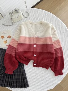 SHEIN Girls' Rainbow Color Cardigan Sweater, Autumn/Winter Children's Knit Top, Fashionable Cute Versatile Cardigan School Everyday Dark Red - Multicolor - View 4