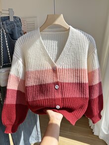 SHEIN Girls' Rainbow Color Cardigan Sweater, Autumn/Winter Children's Knit Top, Fashionable Cute Versatile Cardigan School Everyday Dark Red - Multicolor - View 7